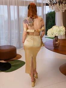 Gretanique Champagne Sequin Off-Shoulder Slit Dress - Champagne - View 2