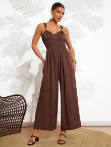Gownix Women's Brown And Gold Summer Casual Vacation Holiday Jumpsuit,V-Neck Spaghetti Strap Sleeveless Wood Button Wide Leg Boho Romper,Ruched Playsuits - Brown - View 4