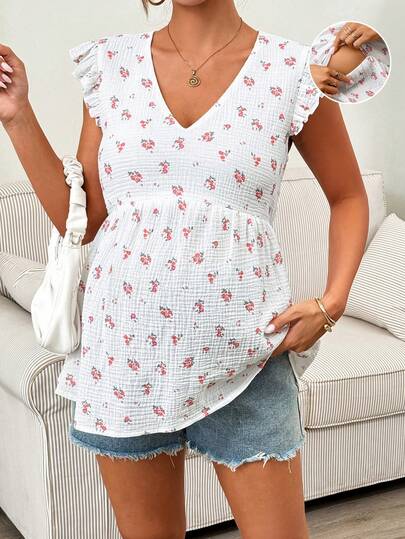 SHEIN 孕妇V领碎花印花休闲哺乳上衣，日常百搭