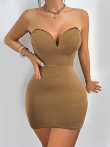 VaVaBold Women's Solid Color Minimalist Daily Wear Strapless Dress - Khaki - View 5