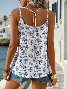 Balvessa Top de tirantes casual con diseño de botones y estampado floral pequeño para vacaciones - Azul y blanco - Ver 2