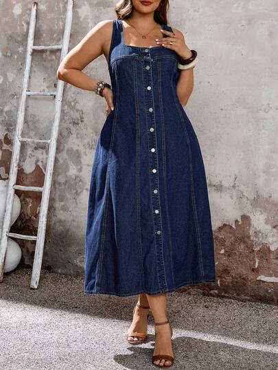 EMERY ROSE Plus Size Summer Casual Front Button Waist Denim Jumper Dress,Summer Outfit For Women,Festival Outfits For Women ,Party,Wedding,Elegant,Casual,Vacation,Business,Summer Women Romantic/Prom/Formal/Birthday/90s /Business Casual Woman/Elegant/Western Wear/Going Out/Fashion/Casual/Y2k /Club/Office /Cocktail/Vintage/Bodycon/Rave Festival/Funny/Classy/Old Money/Streetwear/Vacation /Country Concert /Work /Modest/Spring Break/Bachelorette /Concert/Baddie/Basic/Graduation,2026 Summer New Plus Size Square Neck Denim Dress, Sleeveless Button Down Side Slit Maxi Dress For Women 🇺🇸,Retro Washed Denim Dress, Plus Size Square Neck Sleeveless Casual Vacation Maxi Dress With Slit,Plus Size Square Neck Denim Maxi Dress, Sleeveless Button Down Side Slit Vacation Dress,Elegant Dark Wash Denim Dress, Summer Plus Size Square Neck Design Side Slit Long Maxi Dress