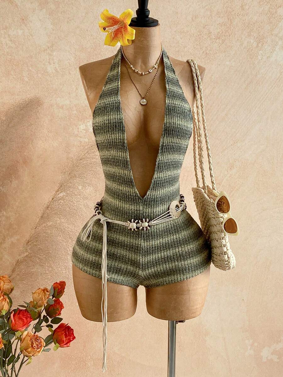 Soleia Women's Vacation Sequin Shiny Leopard Print Knit Textured Deep V Backless Sexy Bodysuit, Fashionable Fitted Romper For Party, Date, Afternoon Tea, Boho Beach Summer Outfit - Multicolor - View 1