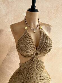 Soleia 女士露背吊带迷你针织度假沙滩裙 - 杏色 - 查看 6