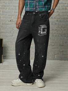 GALLERY FADE Men's Hiphop Street Fashion Rhinestone Embellished Luxury Washed Gray Straight Leg Wide Jeans - Dark Grey - View 7