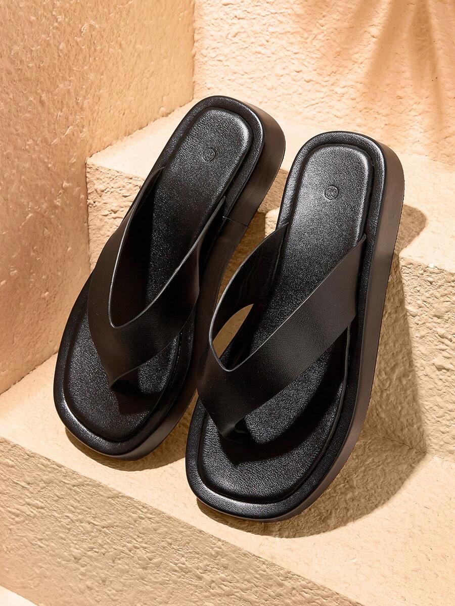 HighSole 女士厚底露趾凉鞋，黑色，柔软舒适，防滑，适合通勤、购物、海滩、音乐节等场合，百搭夏季单品 - 黑色 - 查看 1
