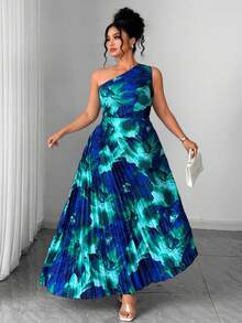 Elenzga 大码女装春夏新款无袖不对称肩部印花褶皱连衣裙，波西米亚风优雅浪漫度假连衣裙 - 藍色 - 查看 3