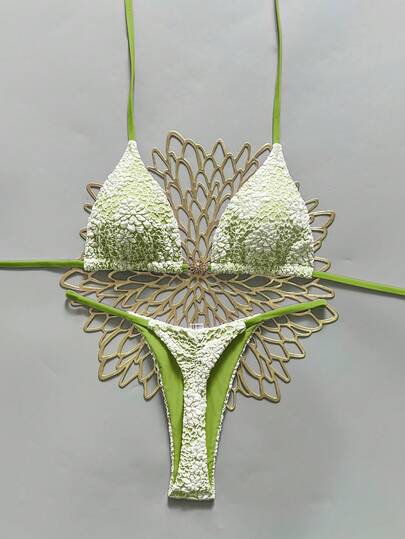  Swim MOD 2-Piece Floral Textured Fabric Gold Sun Accessory Halter Triangle Bra And Thong Sexy Bikini Swimsuit Set, Spring/Summer