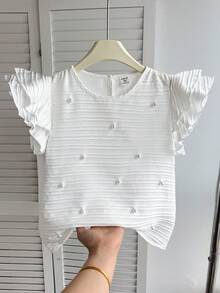 SHEIN Tween Girl Spring/Summer Casual Beaded Elegant Ruffle Trim Woven Textured Round Neck Blouse - White - View 1