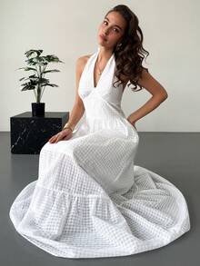 Aloruh 浪漫约会荷叶边白色格子连衣裙（女款） - 白色 - 查看 6