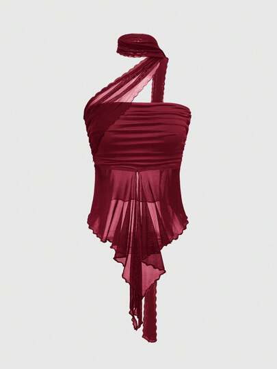 ROMWE Goth 春夏狂欢派对休闲红色Y2K风格性感现代褶皱可拆卸网纱围巾女式抹胸上衣