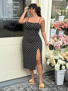 GalTyme 大码撞色波点印花吊带连衣裙 - 黑與白 - 查看 4