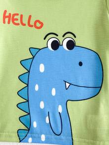 SHEIN Playful Pals Toddler Casual Dinosaur Pattern Knitted 3 Pieces Set , Short Sleeve T-Shirt, Spring/Summer - Multicolor - View 6