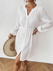 Swim Lushoire 女士夏季沙滩圆领前开襟长袖拼接镂空蕾丝抽绳腰带度假休闲和服连衣裙 - 白色 - 查看 7