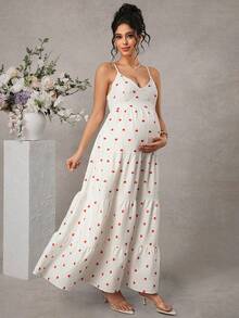 SHEIN Long Ruched Camisole Dress With Heart Print, Casual Minimalist Everyday Maternity Dress - Multicolor - View 2