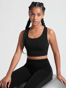 Teen Girls' Black Sports Tank Top,Autumn Winter Gym Wear With Crisscross Back Strap,High-Stretch Fabric For Jogging,Walking & Active Wear, Fall, Yoga - Black - View 4