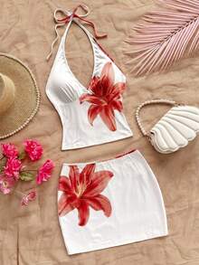 Soleia 女士沙滩度假印花吊带上衣和迷你裙两件套 - 紅色 - 查看 3