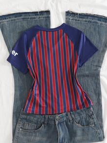 Sparklyn Teen Girls' Red & Blue Striped V-Neck T-Shirt, Contrast Color Block Raglan Sleeve Design, Chest English Text & Badge Graphics, Soft & Comfortable Fabric, Fitting Not Tight, Suitable For School, Sports, Casual Wear - Burgundy - View 2