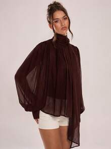 Avenya Áo sơ mi dài cổ đứng xếp ly quá khổ bằng vải chiffon kiểu cổ điển, thắt nơ. - màu nâu - Xem 3