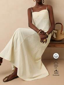 Vesra Women's Solid Color Pleated Casual Minimalist Vacation Dress, Suitable For Summer - Apricot - View 1