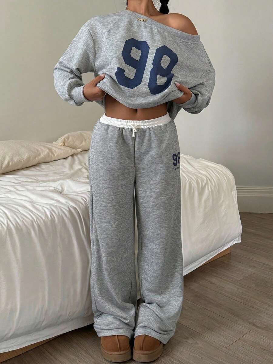SHEIN 少女两件套宽松针织露肩数字印花卫衣和阔腿运动裤，休闲校园街头风格 - 灰色 - 查看 1