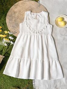 SHEIN Girls' Sleeveless Elegant And Fashionable Simple Dress, Suitable For Outdoor Travel And Vacation Wear - White - View 5