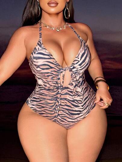 Swim SXY Plus Size Women's Random Zebra Print Backless Sexy One-Piece Swimsuit