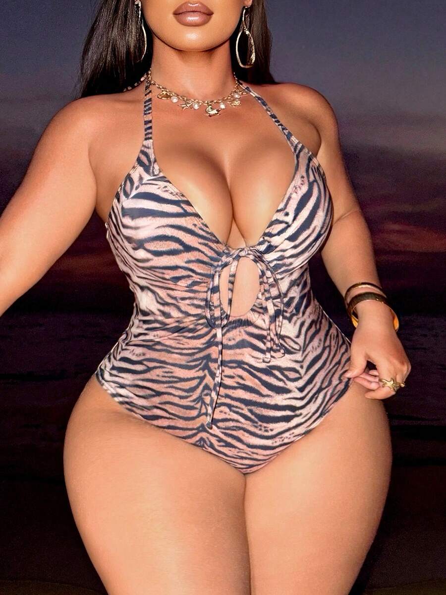Swim SXY Plus Size Women's Random Zebra Print Backless Sexy One-Piece Swimsuit - Multicolor - View 1
