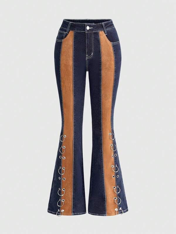 ROMWE Hippie Suede Patchwork Metal Accent Low-Rise Skinny Flare Jeans For Women