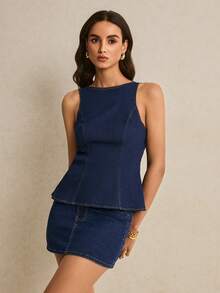 Poéselle New Women's Denim Top, Fitted Waist, Round Neck, Backless, Drawstring, Sleeveless, Casual Denim Top, Dark Blue Denim Top.Summer Tops  Festival Outfits For Women Casual Blouse For Women Vacation Outfits Women Y2K Tops Work Outfits For Women Backless Denim Dress Open Back Dresses For Women Denim Dress Jean For Women Zipper Top Summer Prep - Dark Wash - View 5