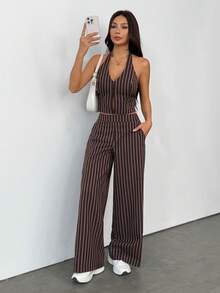 SHEIN PETITE Spring/Summer Office Lady V-Neck Sleeveless Top With Open Back & Wide Leg Pants, Slimming And Lengthening Outfit For Streetwear Brown Two Piece Set Women Striped Two Piece Set - Brown - View 7