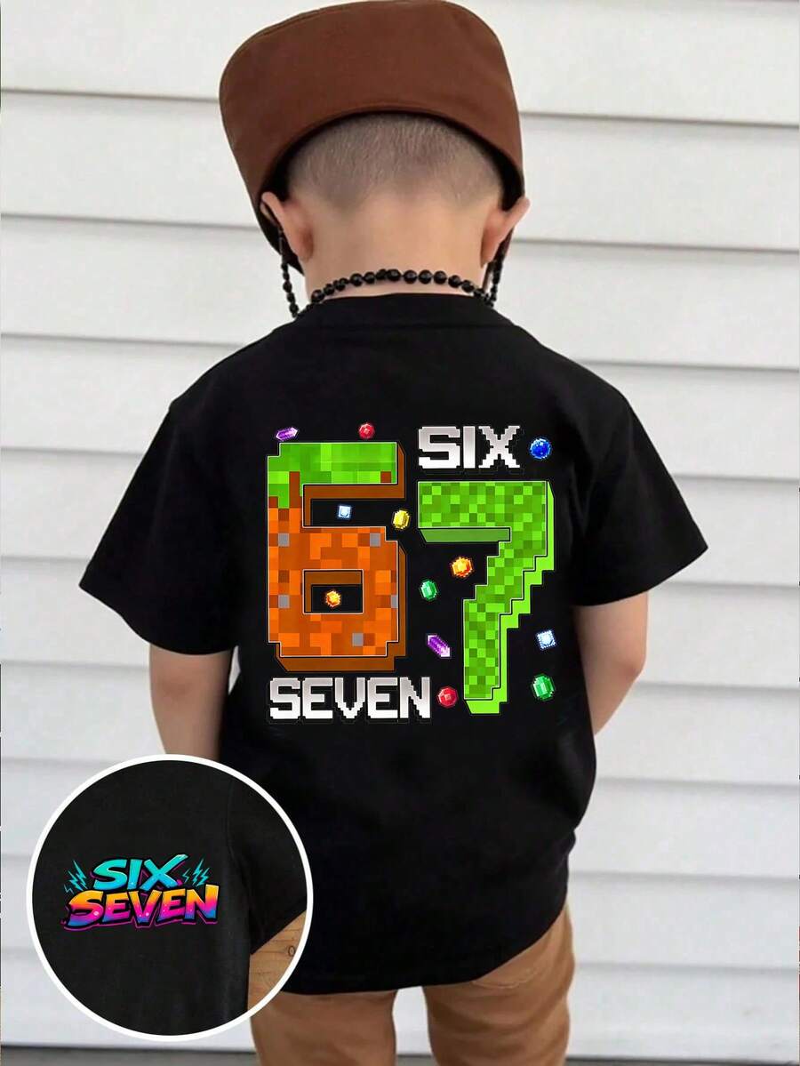 男童像素遊戲寶石生日 T-shirt,閃電波數字 67 圖案印花短袖上衣,休閒夏季舒適日常穿著 - 黑色 - 查看 1