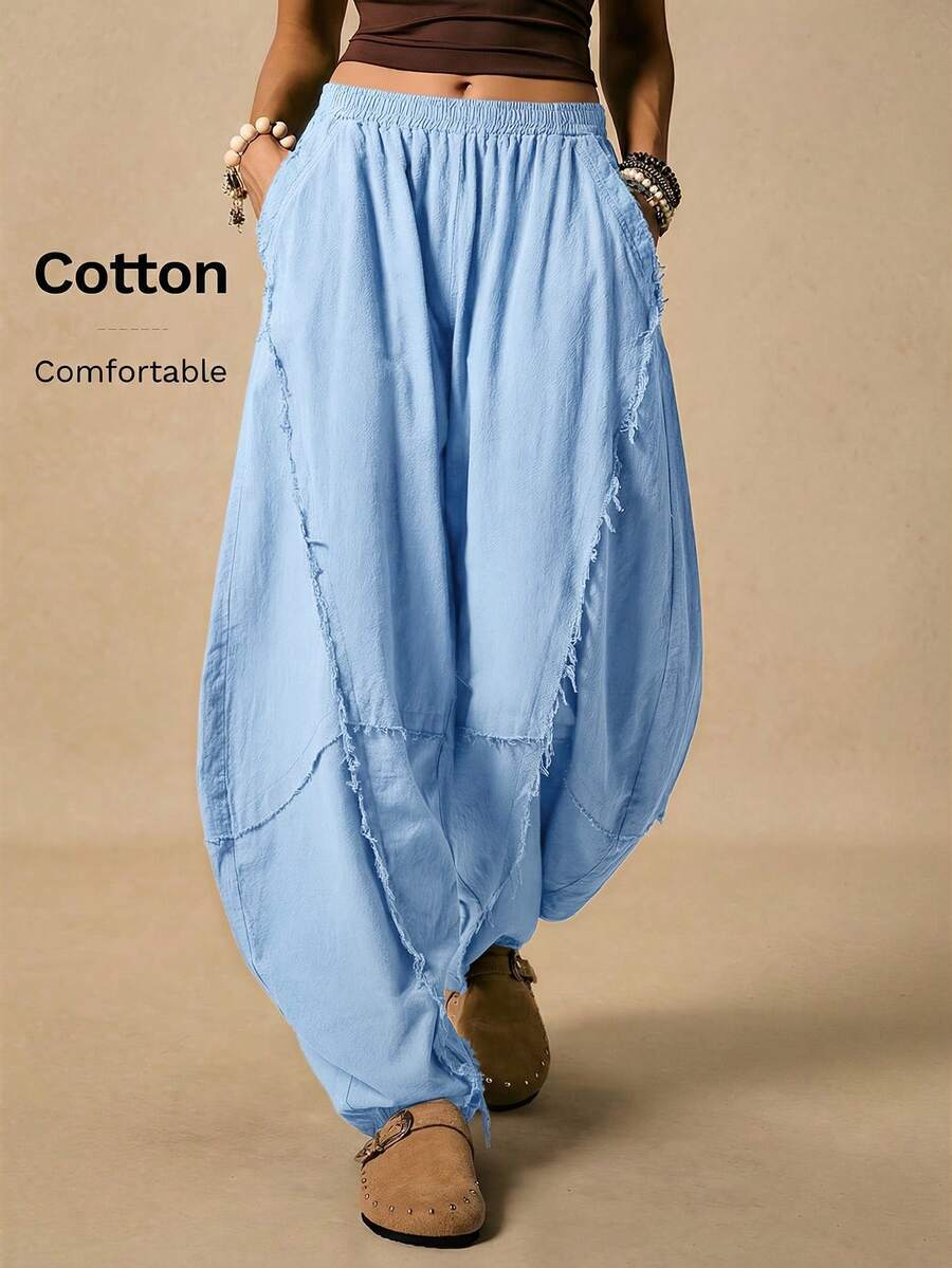 Easelle 复古西部波西米亚风休闲蓝色弯刀设计女裤，边缘切割设计，适合春夏穿着 - 藍色 - 查看 1