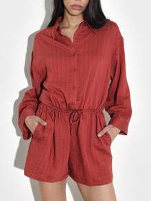 KSTM Women's Long Sleeve Button Down Collared Romper With Drawstring Waist Tie Detail Fall Autumn Casual Playsuit - Red - View 5