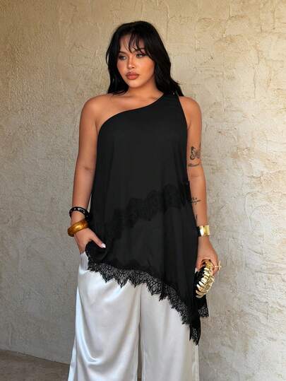 Rustia 新款女士百搭纯色修身不对称蕾丝拼接肩部上衣