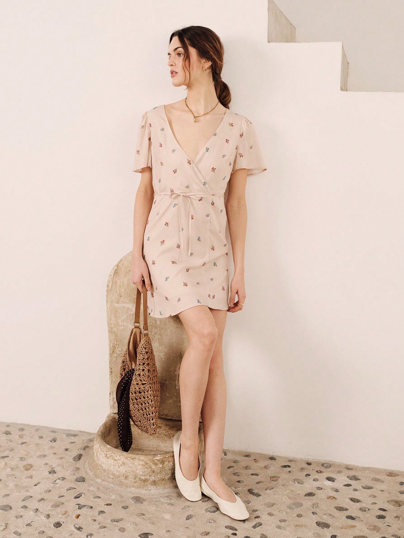 Beige Mini Wrap Dress With Floral Embroidery And Small Buttons Spring Summer Vacation French Style Parisian Style Resort Dress Holiday Dress