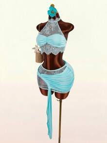 Amplova Women's Lace Halter Backless 2-Piece Set,Baby Blue Elegant Mini Skirt And Top,Cup Details Summer Bikini Set With Cover Up,Perfect For Party - Baby Blue - View 11