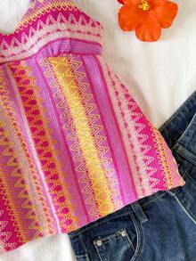 SHEIN 少女度假无袖V领休闲上衣，几何复古图案纹理面料，适合音乐节、波西米亚风、假日、下午茶等场合。 - 彩色 - 查看 6