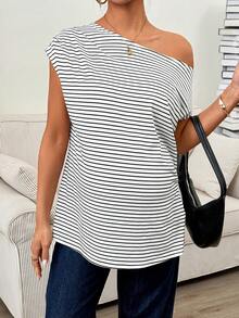 SHEIN Maternity Casual Striped Asymmetric Collar T-Shirt, Summer - Black and White - View 4