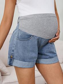 SHEIN Maternity Denim Shorts For Women,Blue Summer Smart Casual Over Belly Stretch Jean Shorts,Patchwork Pocket Folded Hem Button Detail Comfortable Jorts - Blue - View 3