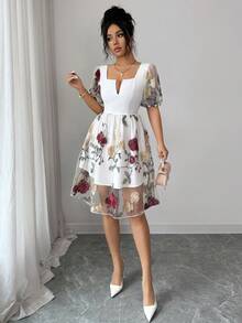 SHEIN Elenzya Đầm ngắn tay màu trắng phối lưới hoa hồng thanh lịch dành cho nữ, kiểu dáng thường ngày, thích hợp cho kỳ nghỉ, đi chơi, hẹn hò, dự tiệc, dã ngoại. - trắng - Xem 6