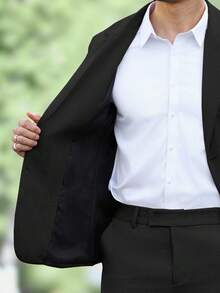 Manfinity Mode 男士简约纯色商务西装套装，外套和裤子，棕色，两件套，适合休闲、周末旅行、户外活动、轻松的工作环境或正式场合，可作为送给男友/丈夫的礼物，周年纪念礼物。 - 黑色 - 查看 6