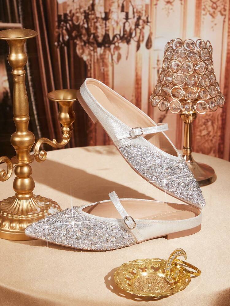 CUCCOO TILAWA Women Shoes Fashion Pointed Flat Bottom Silver Strap Full Diamond Rhinestone Comfortable Commuter Versatile Gorgeous Party Banquet Ladies Flat Bottom Shoes Mule Women's Shoes