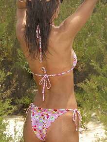 Swim Mod Women's Random Floral Print Halter Bikini Set, Spring/Summer Beach Outfit For Women Summer Swimwear Holiday - Multicolor - View 5