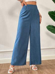 SHEIN Essnce Pantalones de verano para mujer, de rayas, con cordón en la cintura, rectos, sueltos, informales - Azul - Ver 4