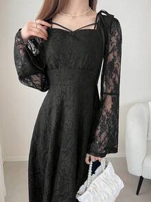 FRIFUL Vestido Evasê de Renda com Decote Quadrado e Amarração Cruzada no Pescoço, Cor Sólida, Vestidos Solares Doces e Elegantes para Mulheres - Preto - Visão 7