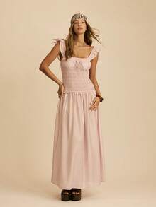 Aralina Robe longue évasée femme à encolure carrée, manches volantées, taille froncée et resserrée à la taille. Robe de mariage pour invitée, robe d'événement, robe de remise des diplômes, robe d'été, couleur rose - Rose pâle - Voir 7