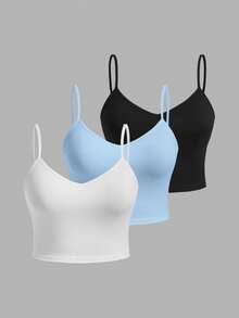 SHEIN EZwear 3件套休闲纯色吊带背心，女士款，适合夏季穿着 - 彩色 - 查看 1