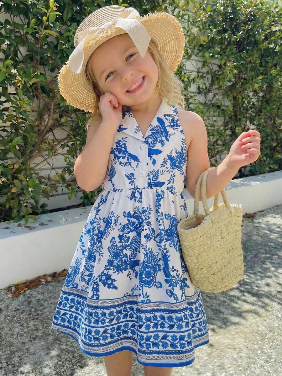 SHEIN Youth Girl Summer Blue Floral A Line Short Dress With Sleeveless Collar And Zipper Flared Hem Vacay Style - Blue - View 1