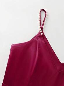 SHEIN Clasi Plus Size Women's Elegant Romantic 3D Pearl Decor Camisole Waist Slimming Short Satin Burgundy Dress, Summer - Burgundy - View 3